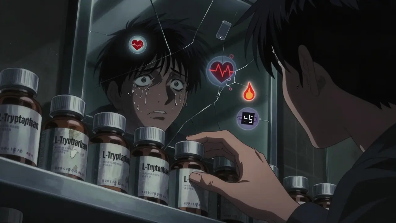A pharmacy shelf of L-tryptophan bottles reflects a patient’s distressed face with floating medical warning icons.