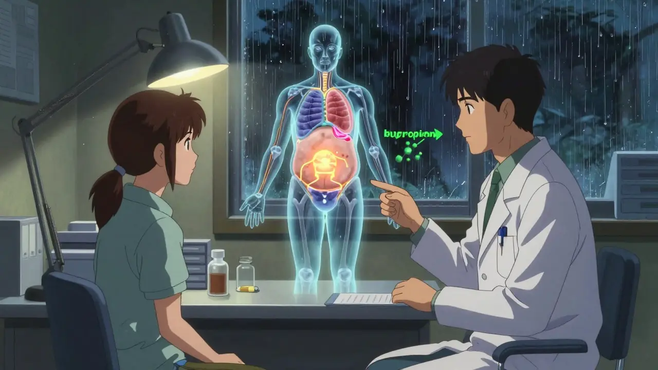 A psychiatrist and patient in a dim office, with a floating diagram showing weight gain mechanisms and bupropion’s role.