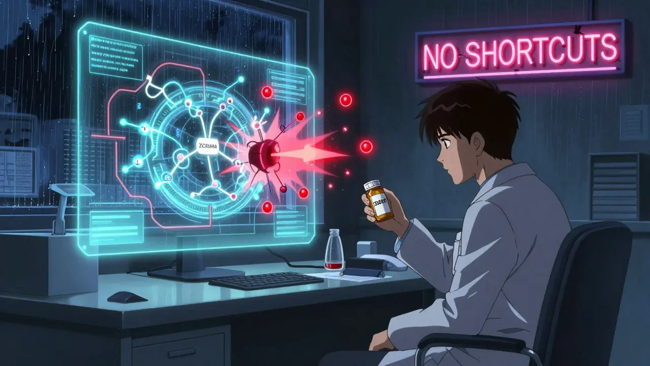 A psychiatrist’s office with a holographic serotonin pathway exploding into chaos under flickering neon lights.