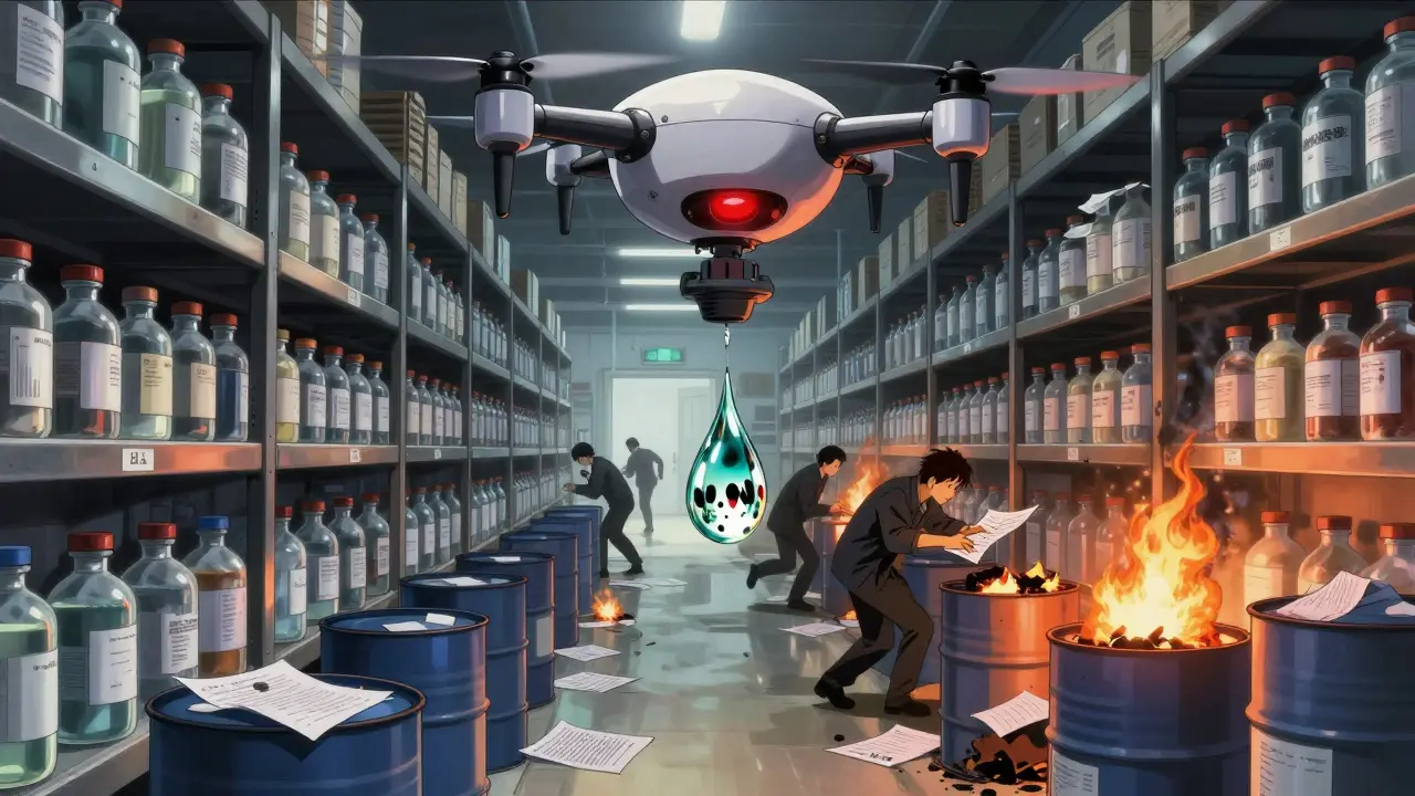 A warehouse of unlabeled materials with a single drop of contaminated glycerin reflecting an ICU, as an FDA drone hovers above burning documents.