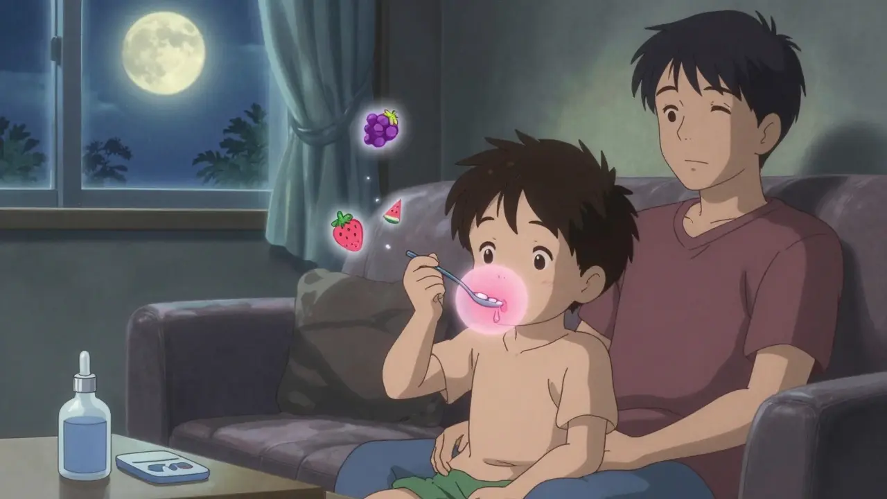 Child smiles while taking medicine, pink aura surrounds the spoon, parents relaxed in moonlit room.