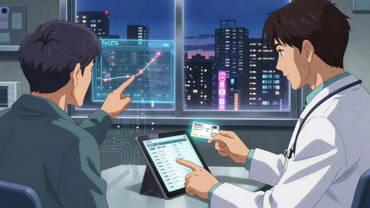 Doctor and patient reviewing medication adherence chart with digital health data glowing in air.