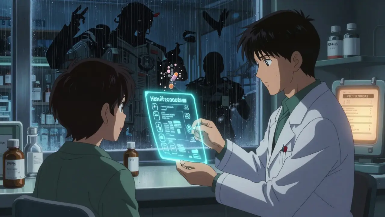 Doctor giving fluconazole to patient while holograms warn of dangerous drug interactions in a hospital.