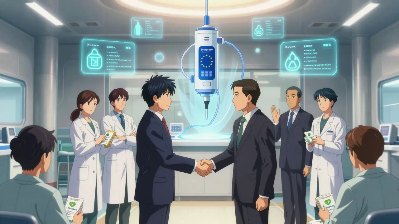 EU suppliers shaking hands above floating insulin devices, surrounded by sustainability metrics in a hospital atrium.