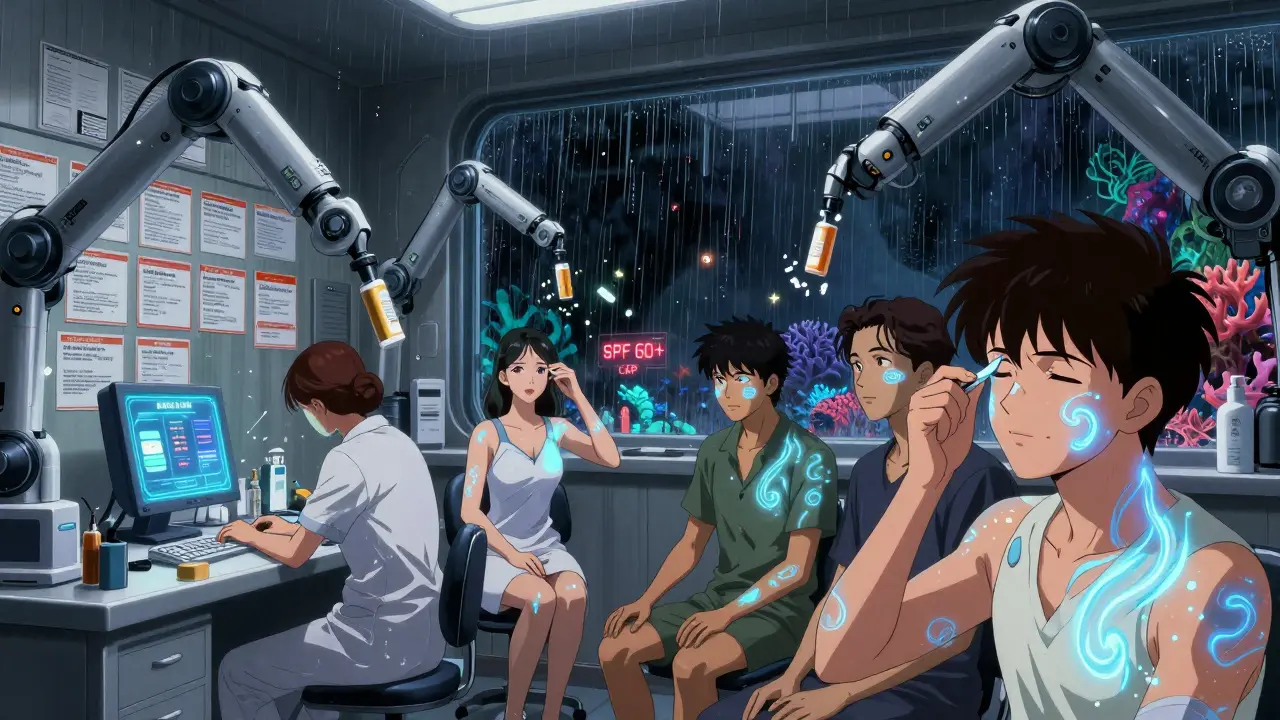 Futuristic clinic with FDA sunscreen regulations being enforced, people applying tinted reef-safe sunscreen.