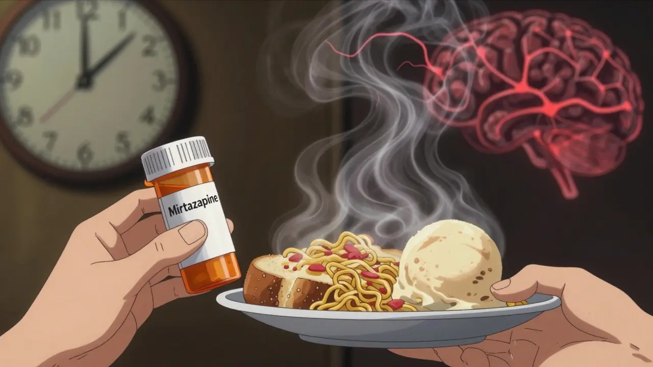 Hands holding medication and carb-rich food, with neural pathways glowing as steam rises in intricate detail.