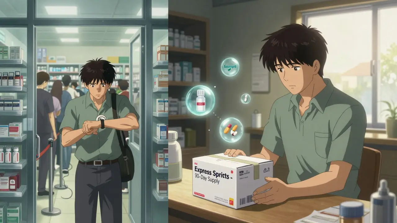 Man receiving mail-order medication at home while pharmacy line fades in background.