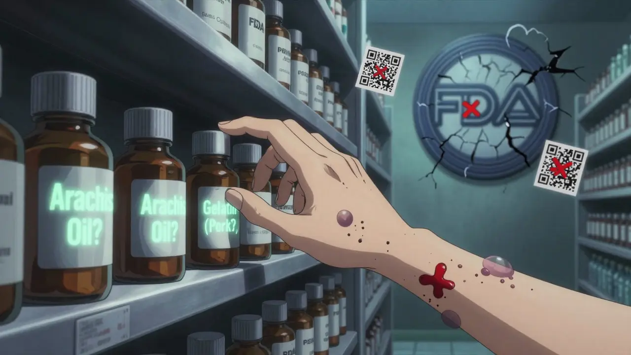 Medicine bottles with cryptic allergen labels and glowing red warnings, as an arm is overtaken by ink-like allergens.