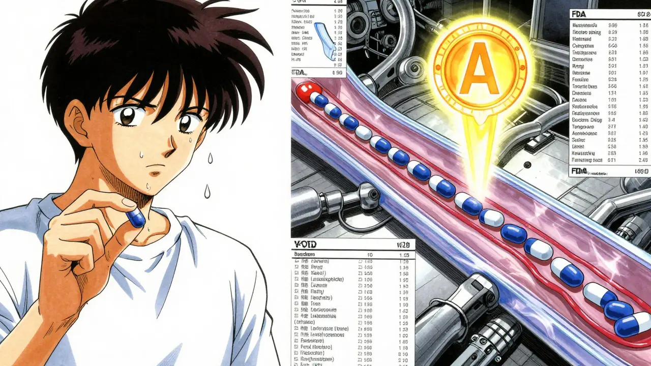 Patient holding a thyroid pill while transparent bloodstream shows identical drug molecules flowing.