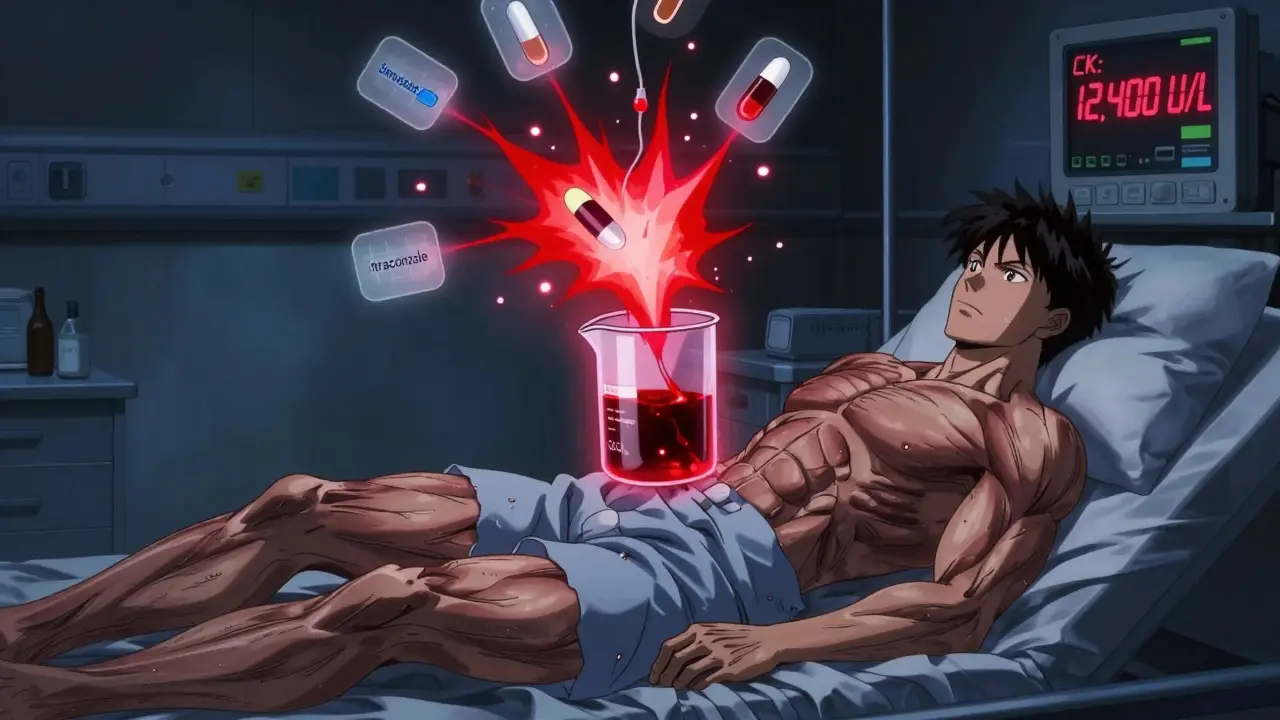 Patient with fraying muscles and dark urine, CK levels spiking dangerously in glowing digits.