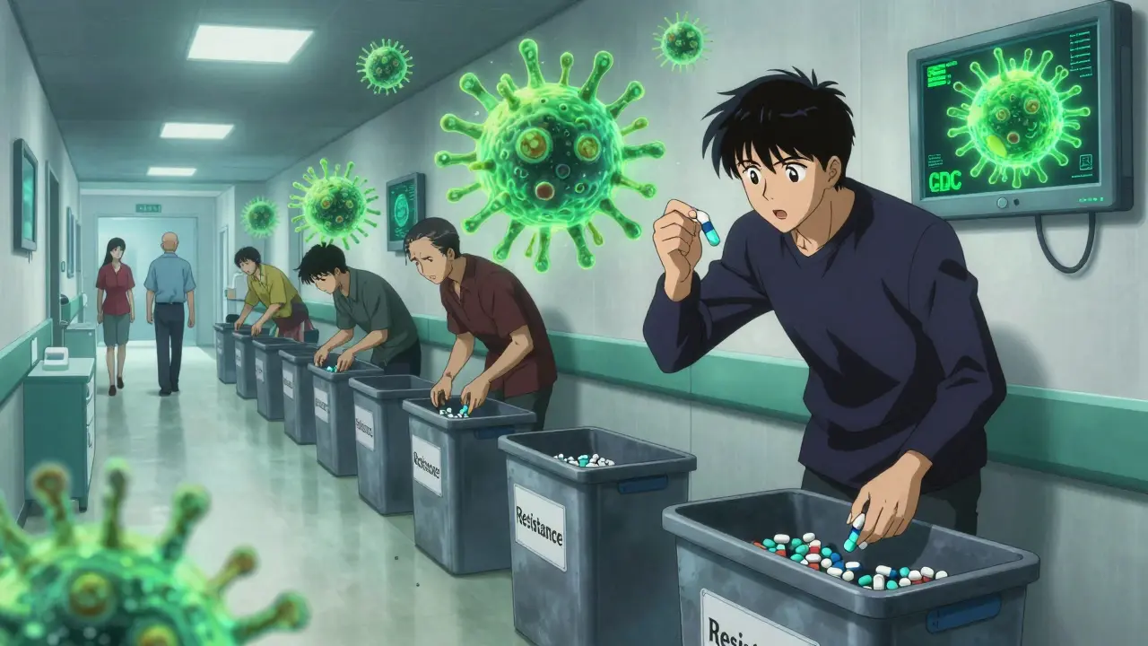 Patients throwing away antibiotics while glowing bacteria grow larger, one patient pauses as a CDC warning flashes on a wall monitor.