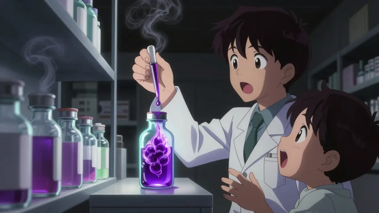 Pharmacist adds flavoring to a medicine bottle, child's face brightens as glowing purple liquid transforms.