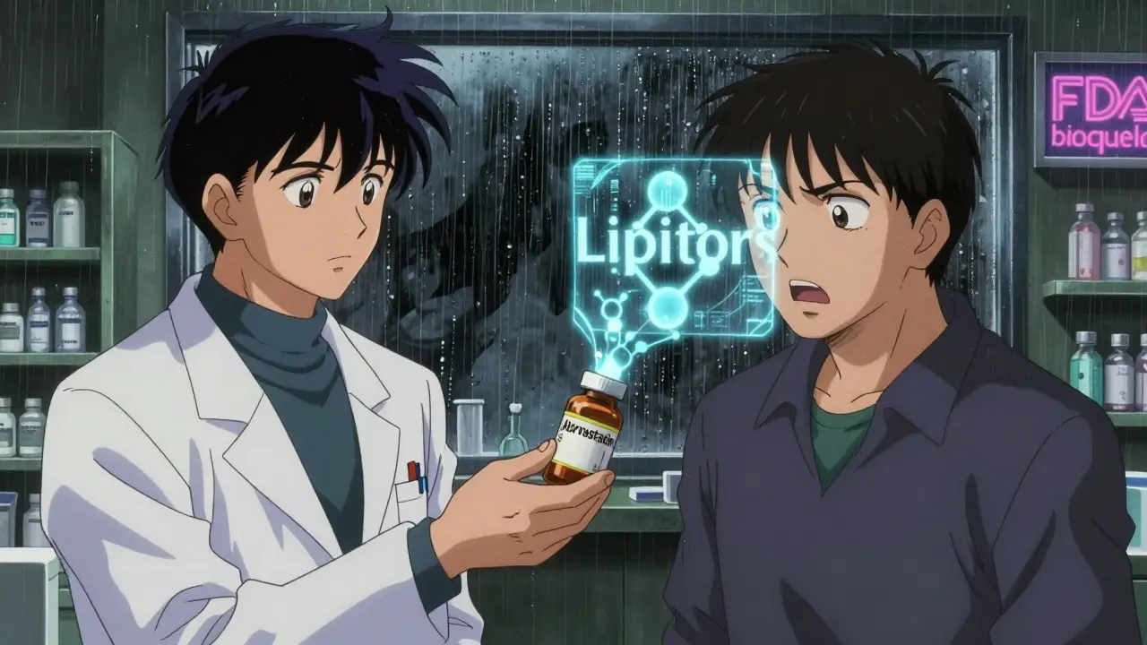 Pharmacist handing a generic prescription to a patient, holographic drug logos dissolving in the background.