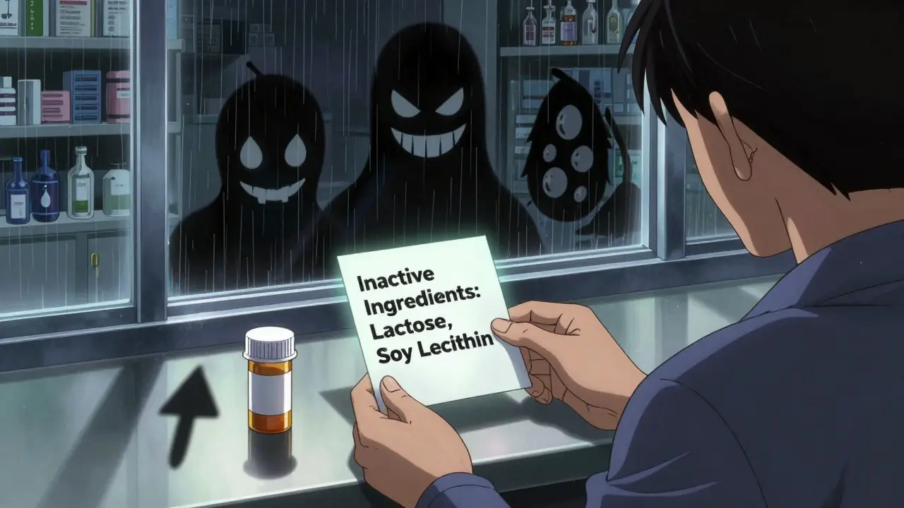 Pharmacist handing a prescription insert revealing hidden allergens like lactose and soy lecithin in a dim pharmacy.