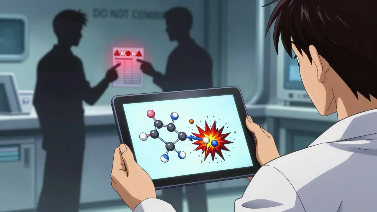 Pharmacist showing molecular interaction map, contrasting safe and dangerous statin-azole paths.