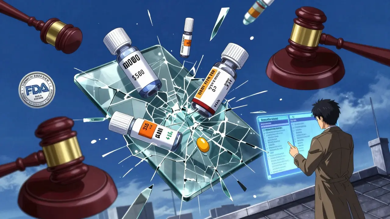 Shattered drug tablet floating mid-air, reflecting different price points and legal symbols colliding around it.