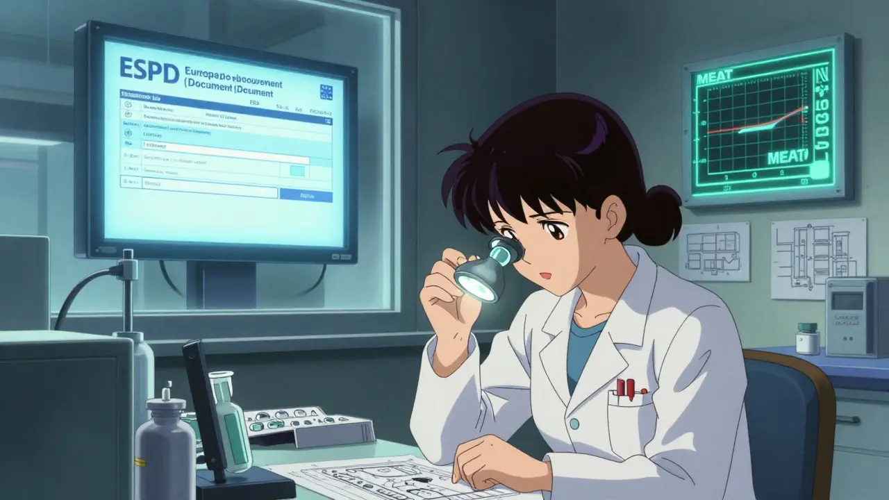 Small generic drug engineer testing packaging under a lamp, with ESPD form glowing on the wall.