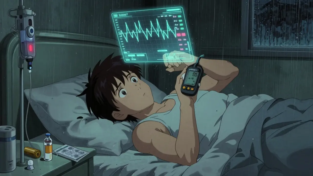 Someone awake at night watching glucose levels on a wrist device, clogged infusion set on the bedside table.