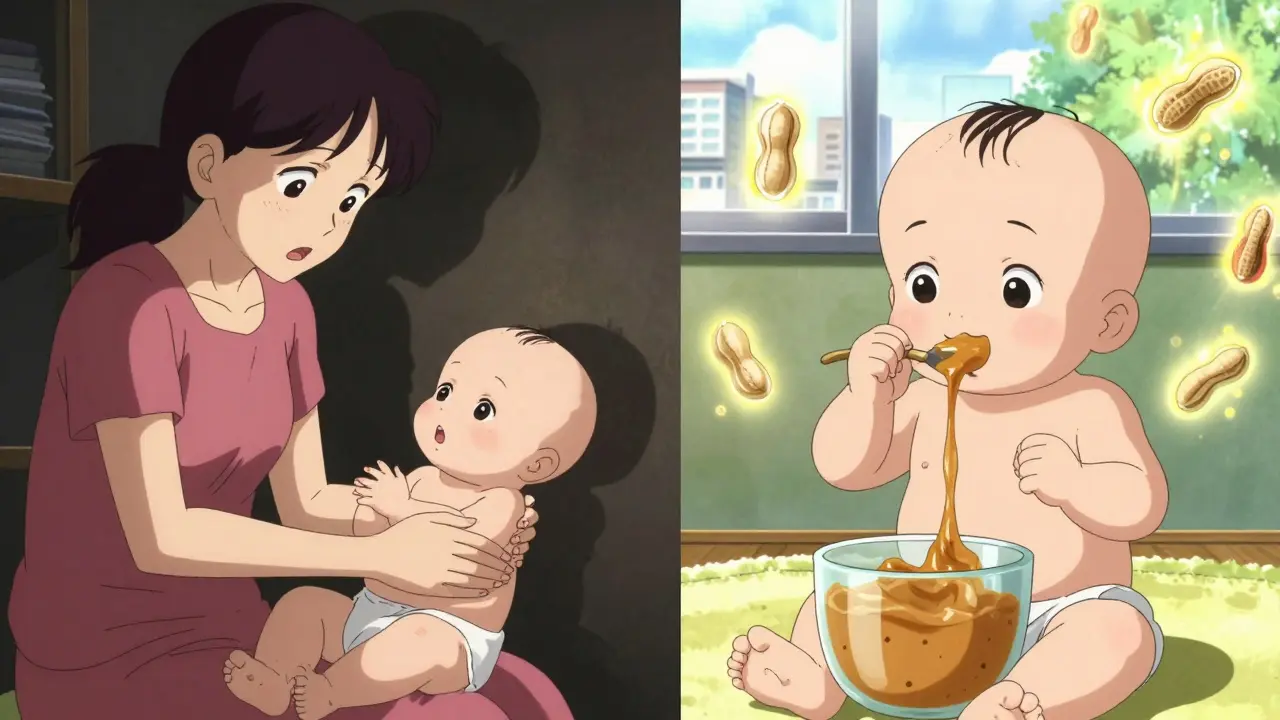 Split scene: mother fearful of peanut introduction vs. child happily eating peanut butter safely.