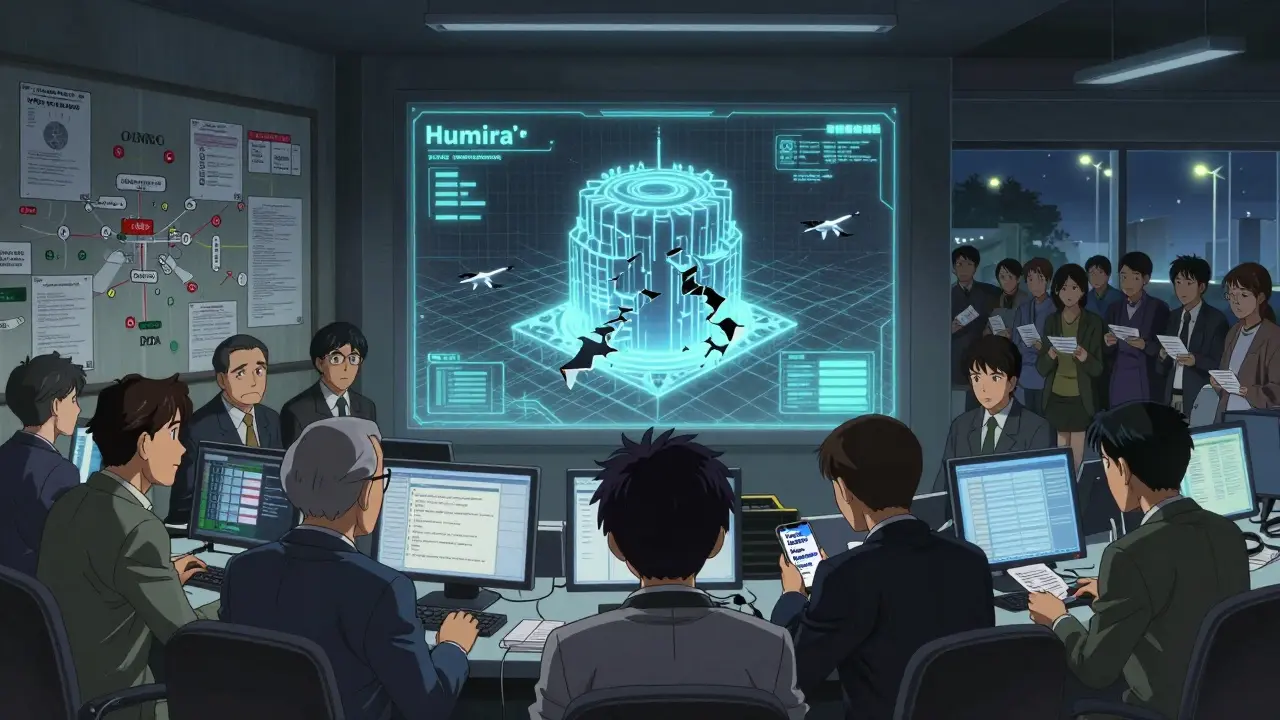 War room with holographic patent maps and AI interface, a biosimilar drone breaking through Humira's fortress of patents.