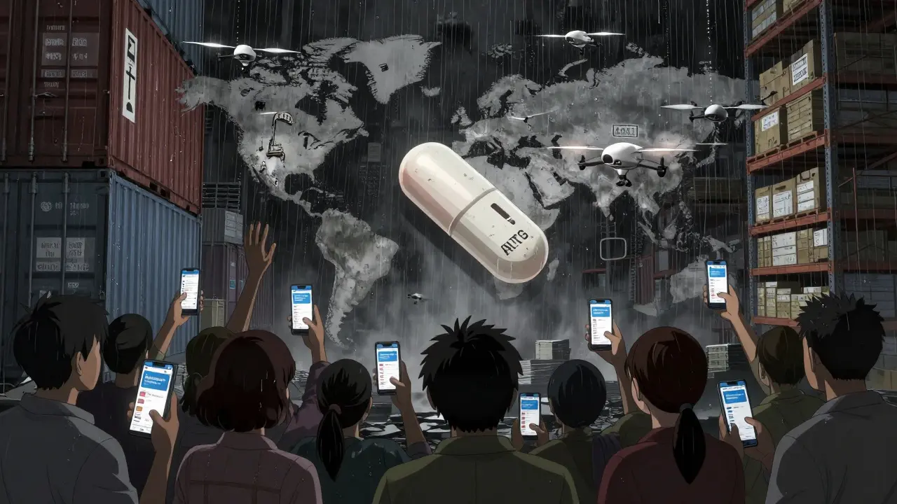 A counterfeit pill travels through global supply chains while people scan it with a verification app.