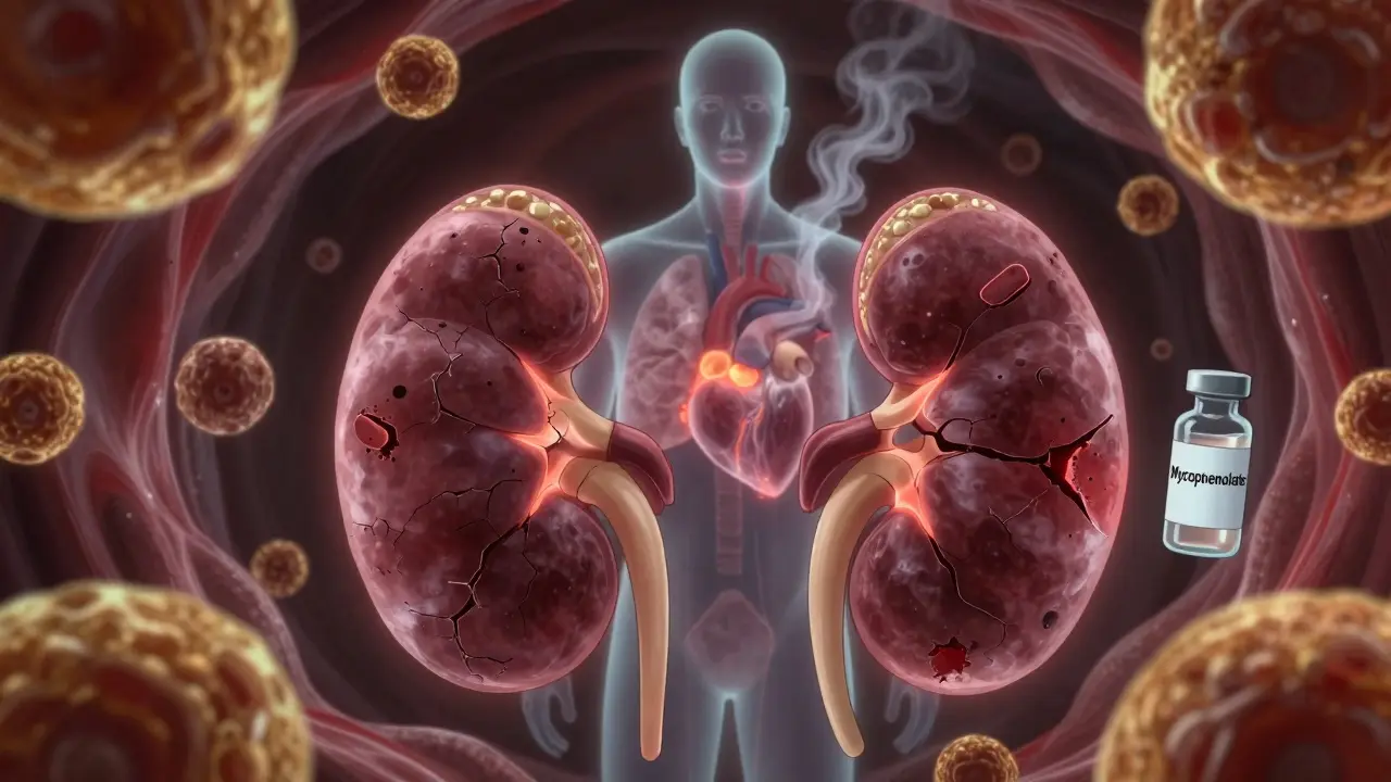 A damaged kidney surrounded by inflammatory cells, with a medication vial hovering protectively in a surreal body landscape.