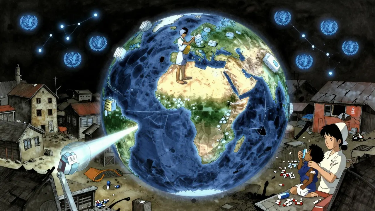 A fractured globe with glowing medicine supply routes, one shining over an African village where a nurse gives a child an inhaler.