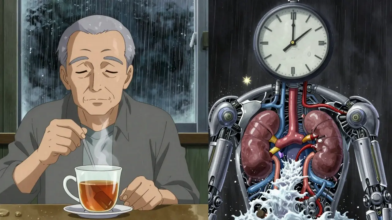 A man drinking licorice tea while his internal body shows mechanical failure from salt and potassium imbalance.