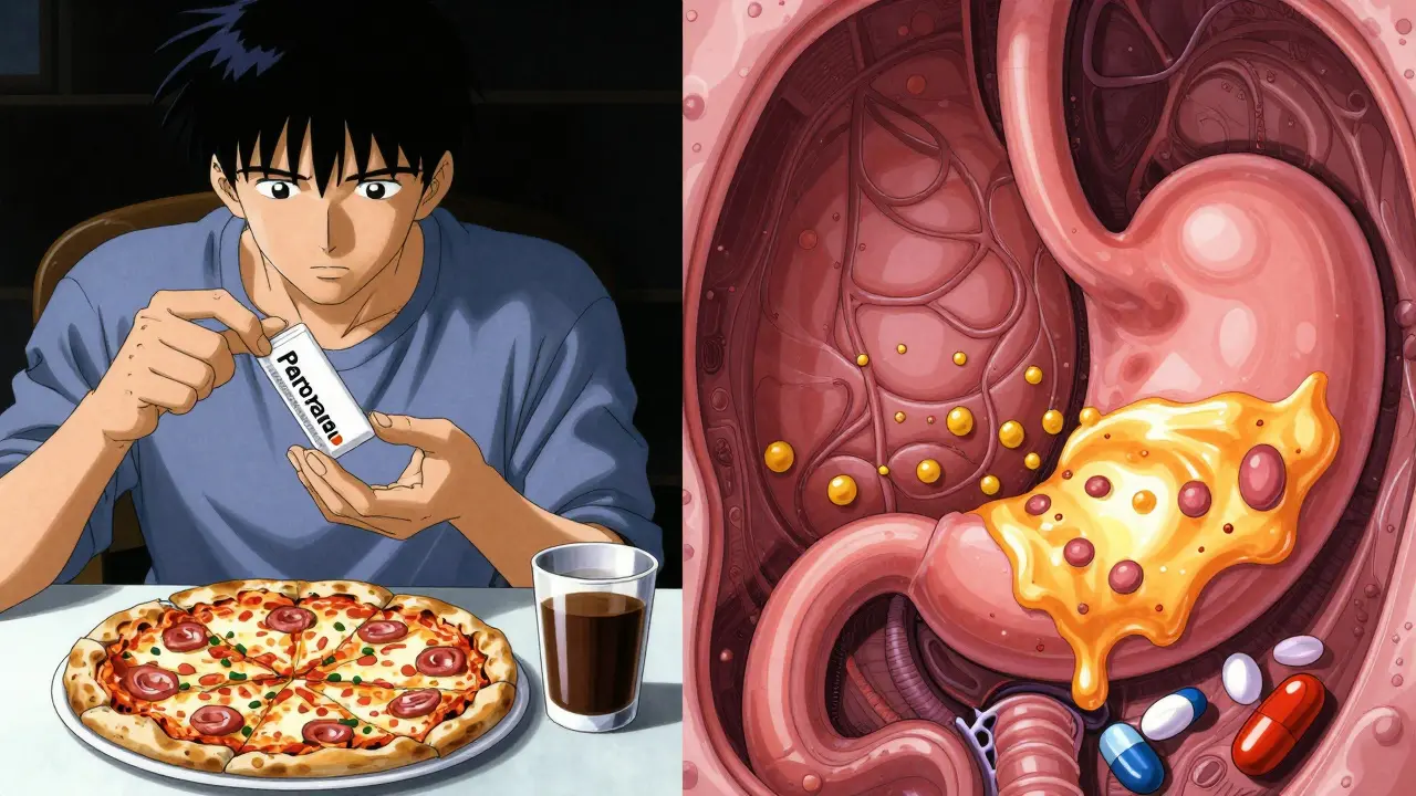 A medical scene showing pantoprazole absorption failing due to fatty food and coffee interfering with its effectiveness in the stomach.