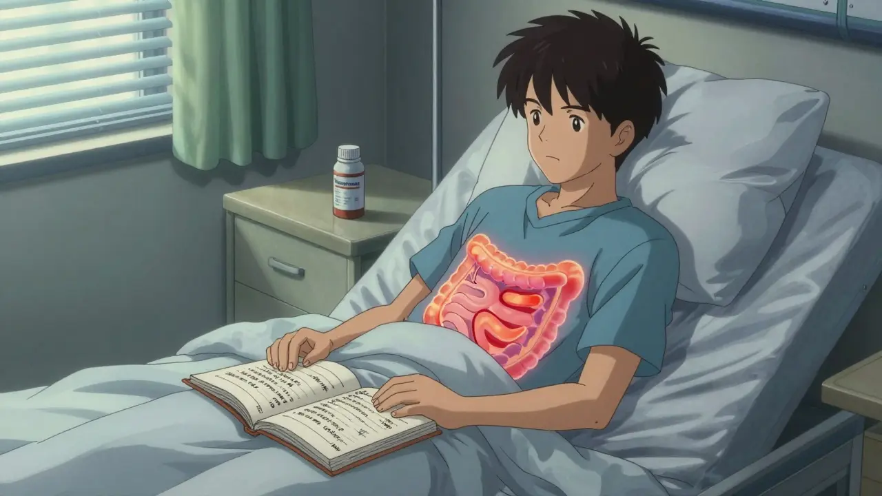 A patient tracking heartburn triggers in a journal at dawn, with a glowing digestive tract overlay showing reflux hotspots and elevated bed posture.