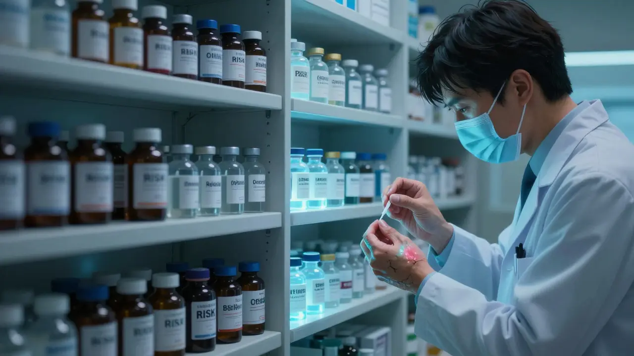 A pharmacy shelf divides risky antibiotics from safe ones, as a patient takes a test dose under calm supervision.