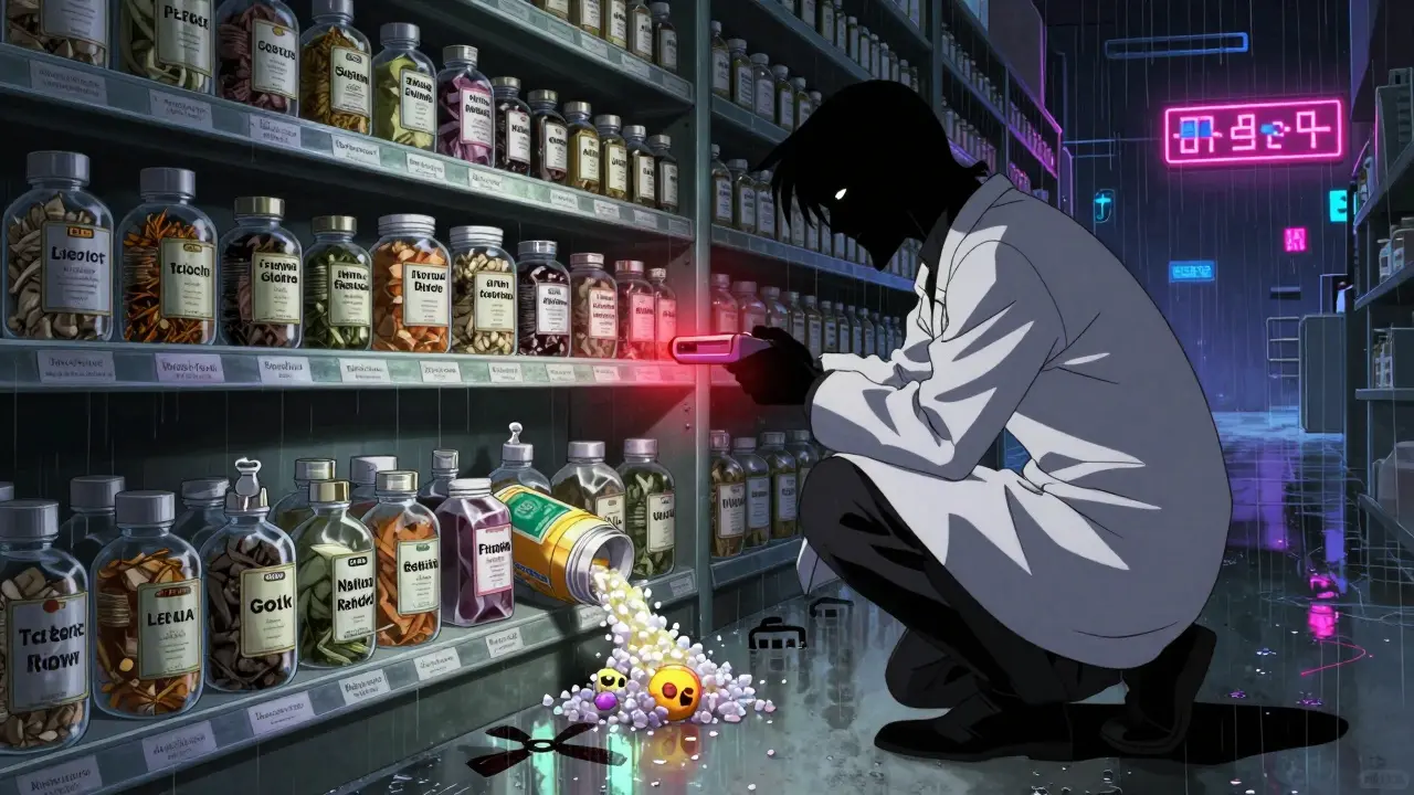 A pharmacy shelf with licorice products emitting red warning signals as crystals spill into screaming shapes.