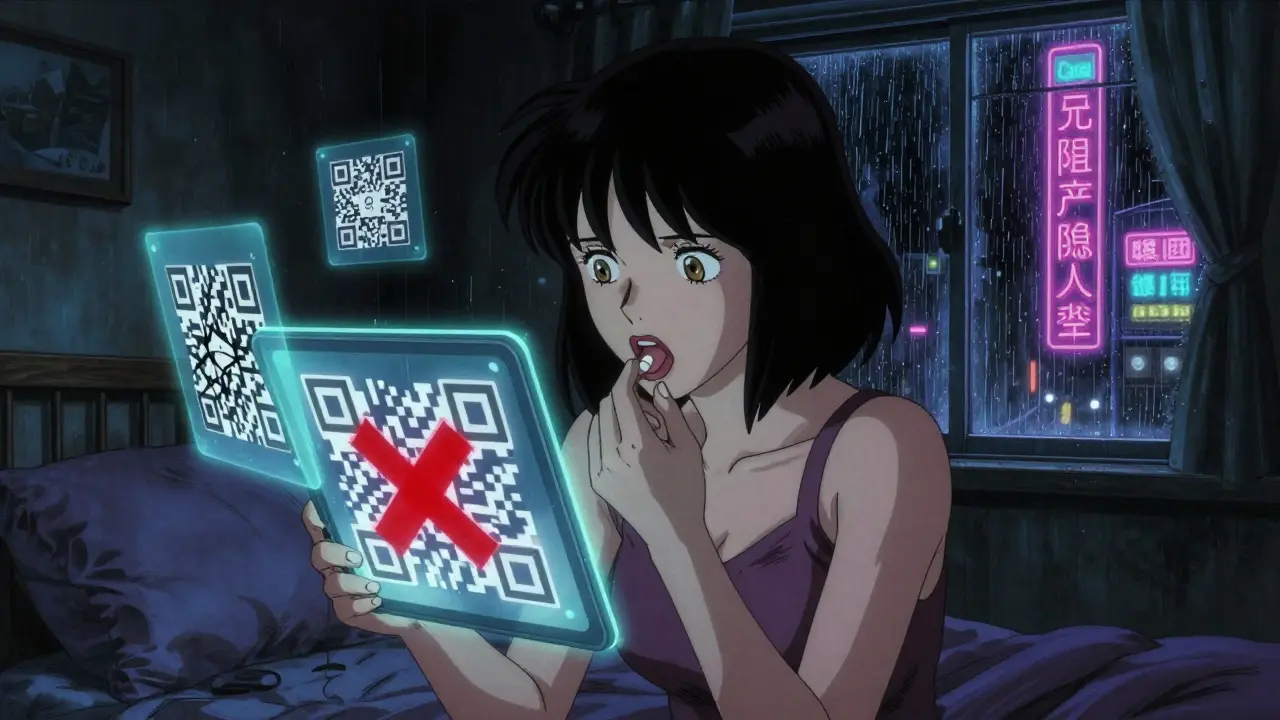 A woman hesitates with a pill on her tongue as digital warnings appear around it.
