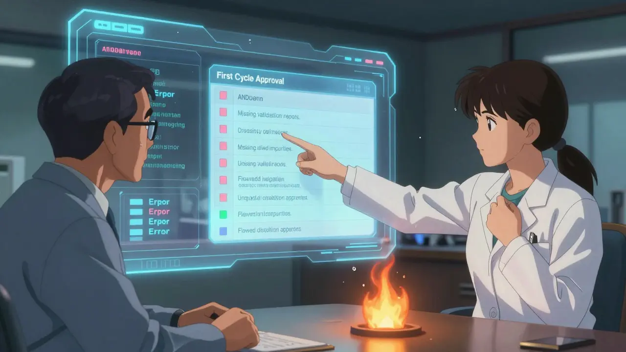 An AI interface overlays error flags on an ANDA submission during a pre-submission meeting, as a scientist prepares to fix compliance issues.
