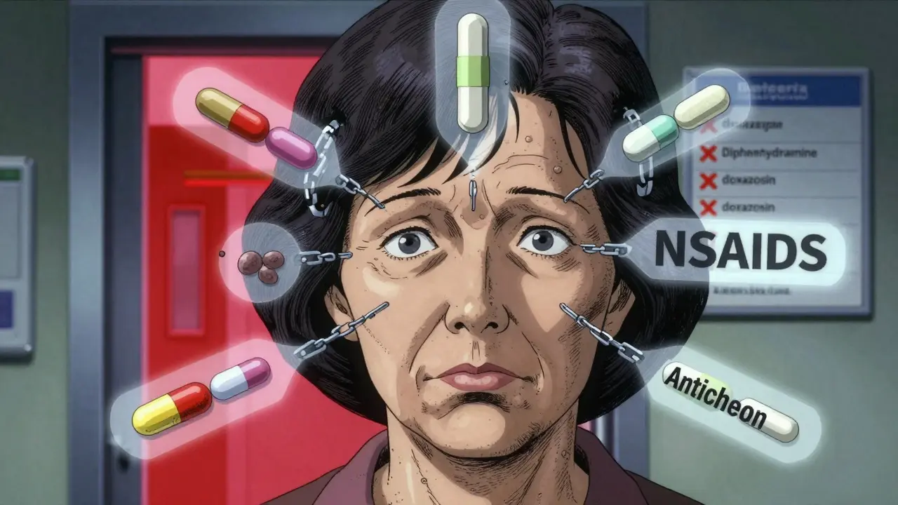 An older woman surrounded by ghostly medication chains, showing dizziness and risk from harmful drug combinations.