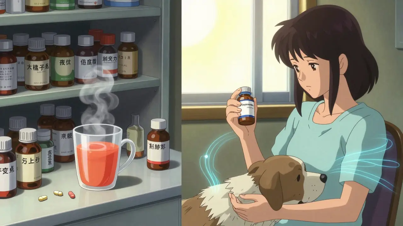 Before and after: cluttered medicine cabinet versus calm woman holding one pill, symbolizing safe deprescribing.