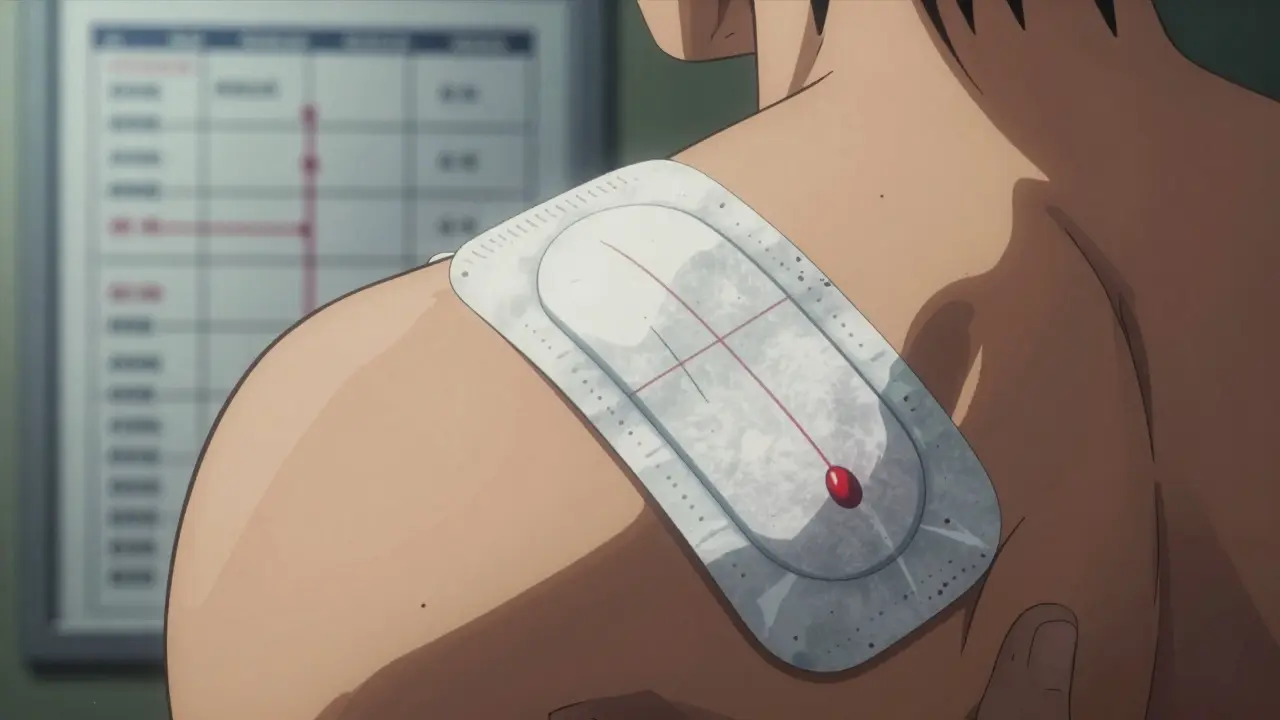 Contraceptive patch showing red lines indicating reduced hormone levels