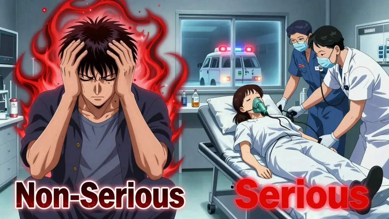 Contrasting scenes: severe headache vs. emergency hospitalization from the same drug trial.