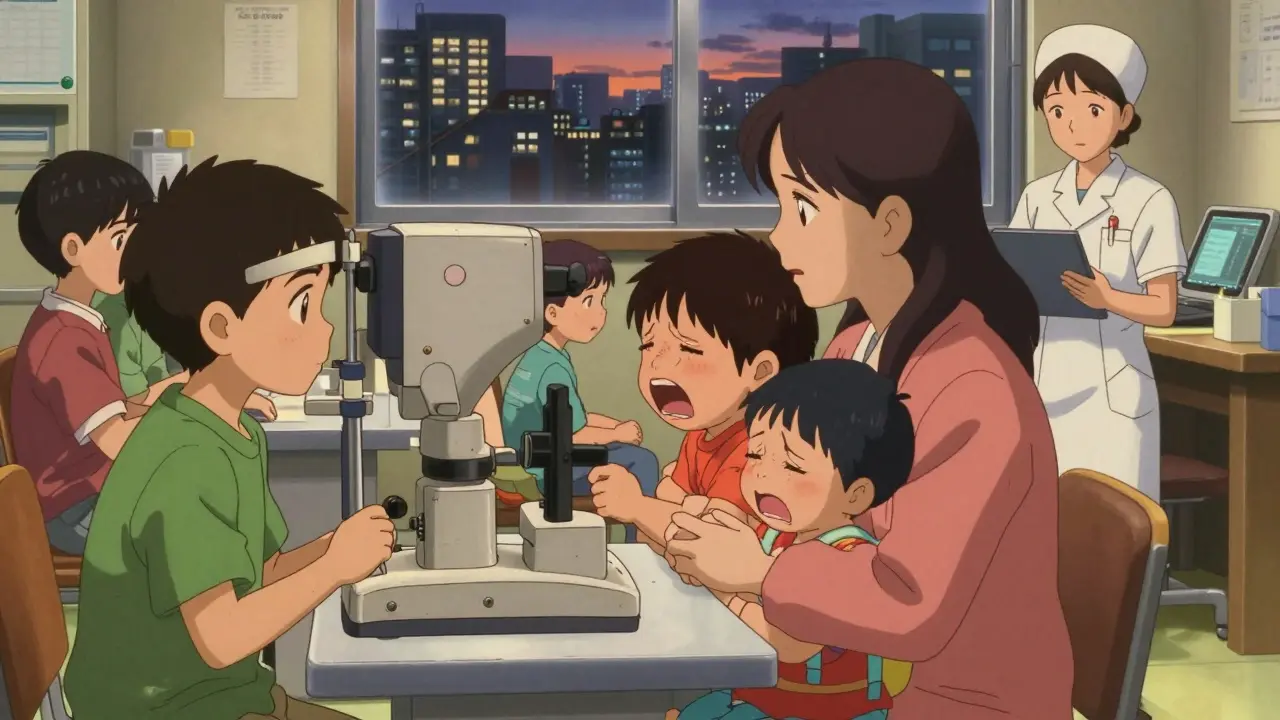 Diverse children in a clinic, one being screened with a device, others waiting, with detailed machinery and soft ambient lighting.