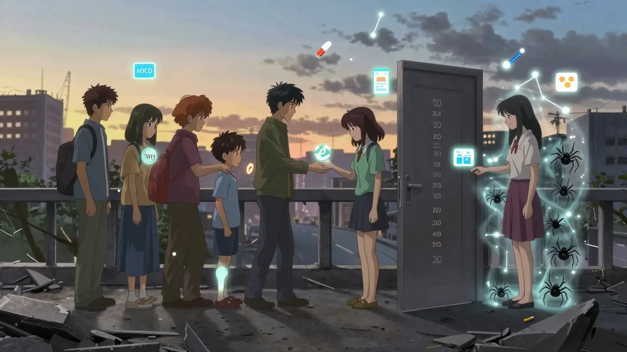 Diverse individuals on a bridge reaching for each other as digital tools and medication glow around them.