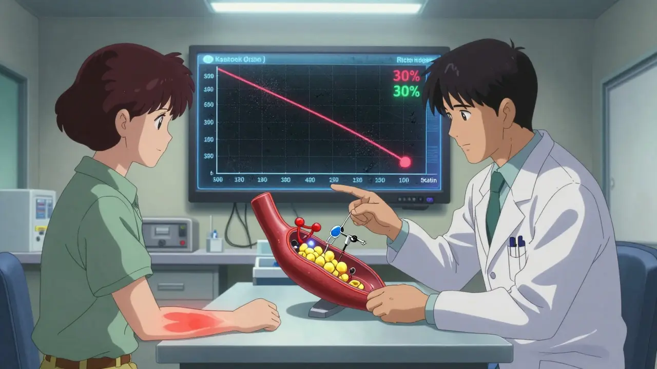 Doctor and patient reviewing a holographic artery model showing statin effects on plaque and muscle pain.