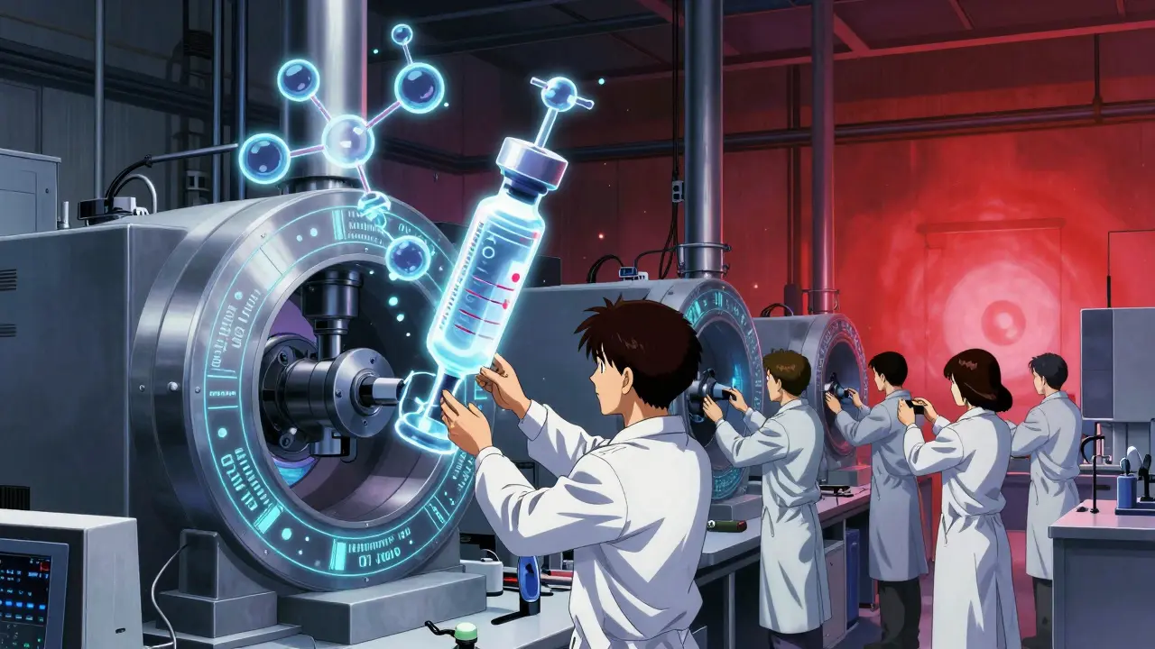 Engineers monitor advanced lab equipment projecting molecular structures of a peptide drug, with one fragment misaligned and glowing red.