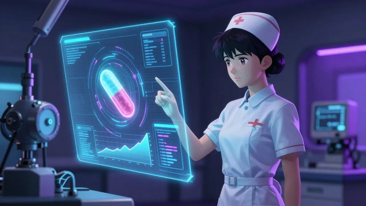 Nurse interacting with holographic FDA data display in futuristic hospital.