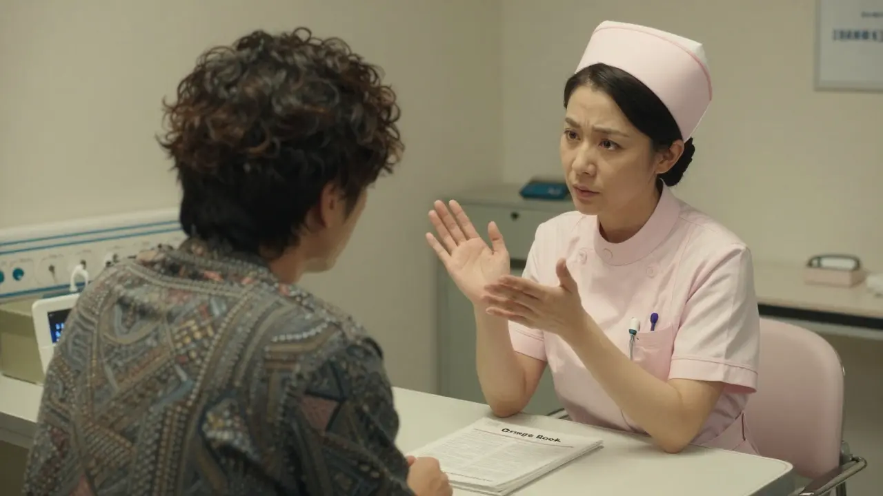 Patient demonstrating medication understanding via teach-back method with nurse.