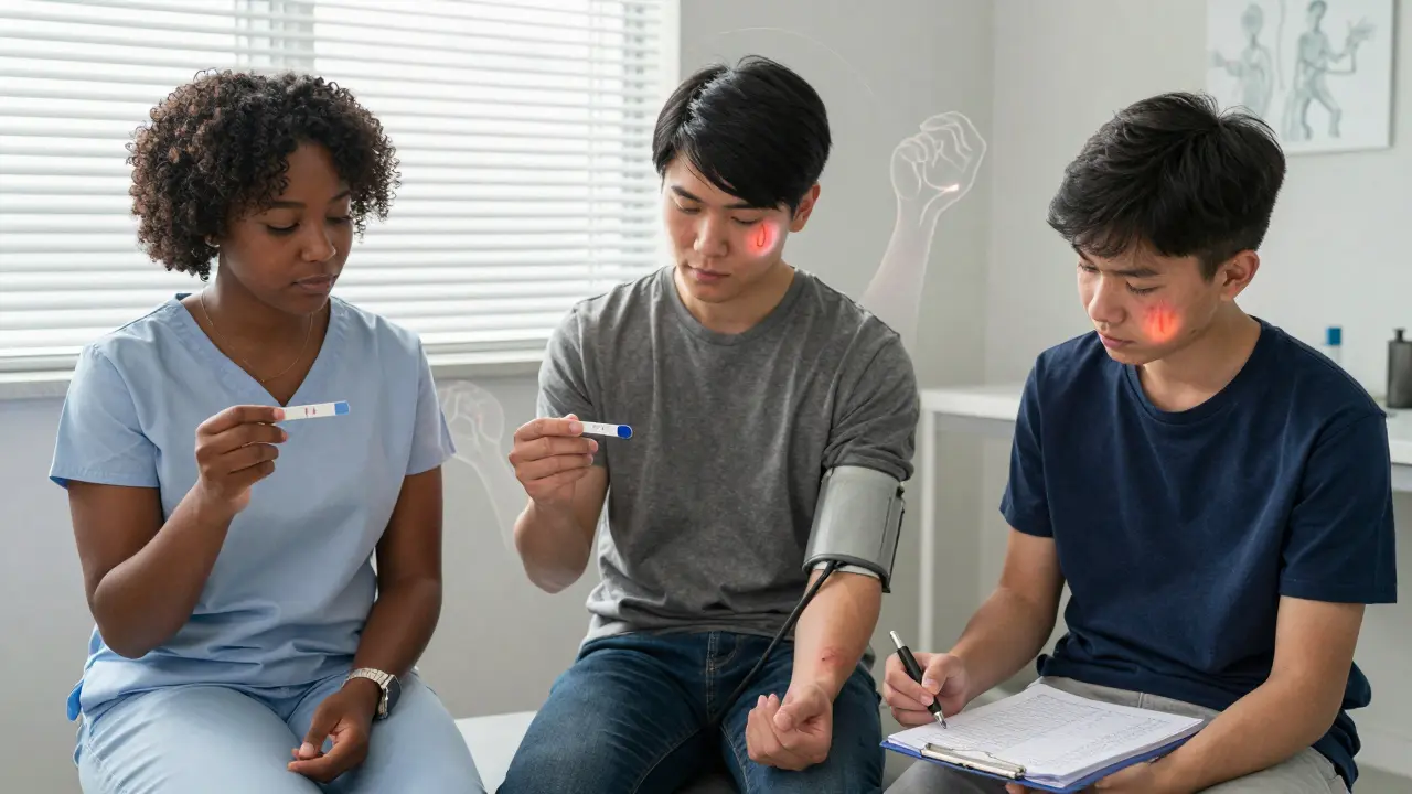 Three diverse patients in a clinic, holding diagnostic tools, with faint lupus flare effects subtly glowing around them.