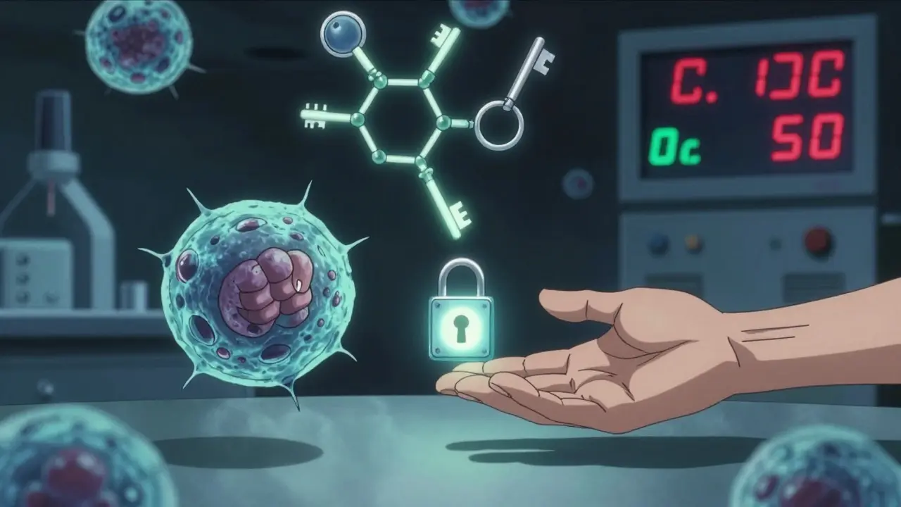 Two immune cells interact with molecular keys, one rejecting, one accepting, as data shows infection rates dropping.