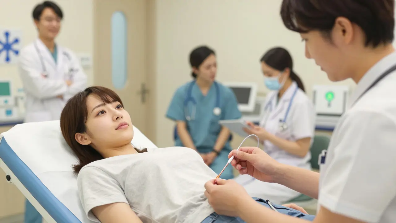 Woman receiving copper IUD insertion in clinic setting