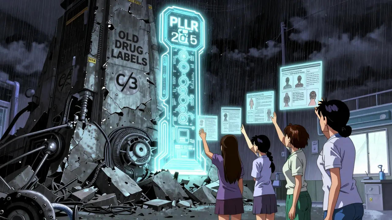 A crumbling old drug label monument contrasts with a rising modern medical interface, women reaching toward it.