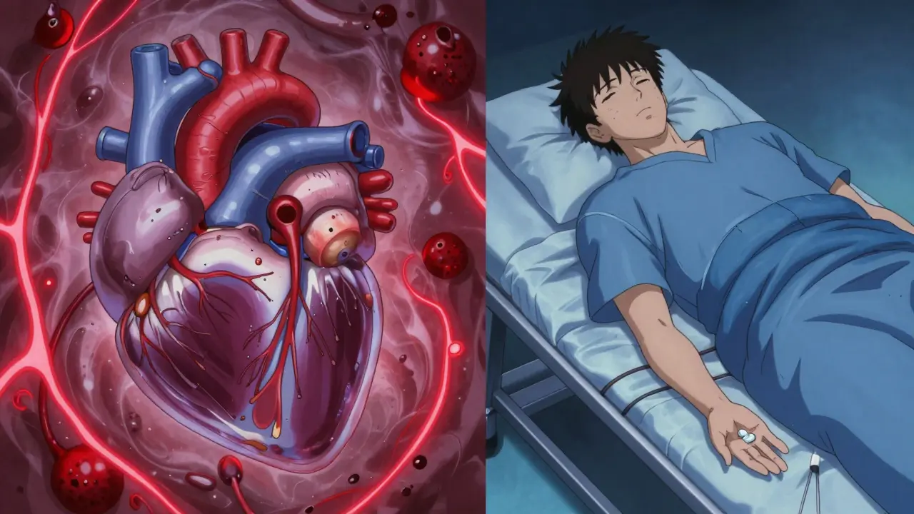 A mechanical heart valve with clots on one side, versus a peaceful patient with a DOAC pill on the other.