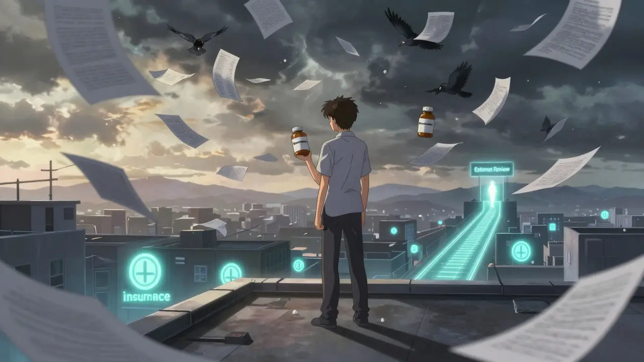 A patient holds two pill bottles as bureaucratic papers swirl around them, with a path leading to an external review portal.